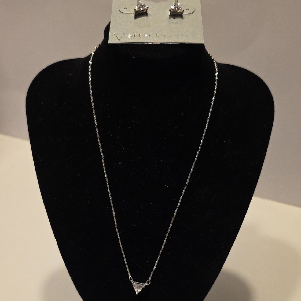 After Thoughts Cubic Zirconia Silvertone Necklace And Pierced Earrings 15 Inches